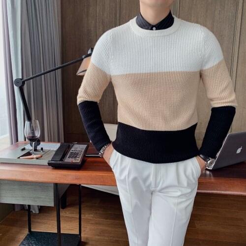 Multicolor Mens Autumn Spaced Striped Sweater Pullover Round Neck Casual All-match Top Fashion Pullover Sweater Men Erkek Kazak