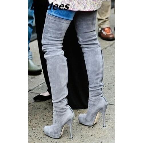 Fashion Women Suede Grey Stiletto Heels Thigh High Boots Ladies Concise Round Toe Back Zip Long Boots Celebrities