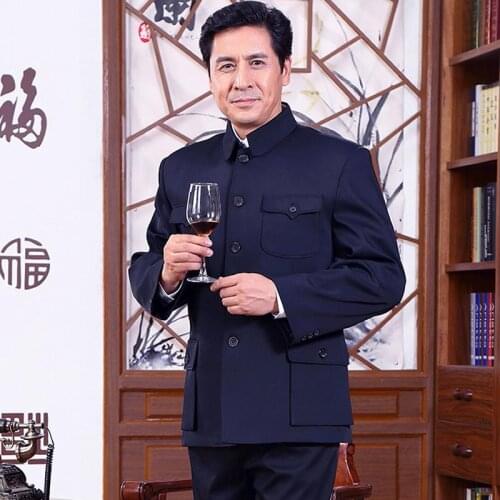 Men Single Breasted Jacket Chinese Tunic Blazer Zhongshan Black Navy Retro Good Long Sleeve Lapel Nostalgia Hot Leisure Time