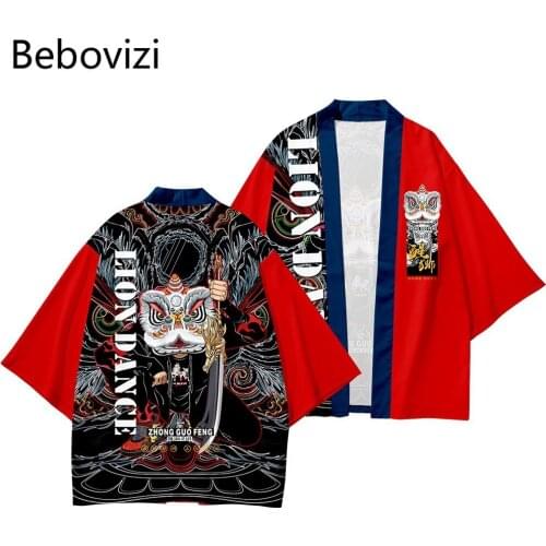 Japanese Kimono Sets Beach Harajuku Men Women Cardigan Haori Asian Clothes Pant Suit Plus Size 5XL 6XL Red Fashion Chinese Lion