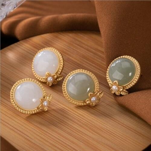 New silver inlaid natural and Baitian jade small flower earrings Chinese minority design palace style charm womens jewelry