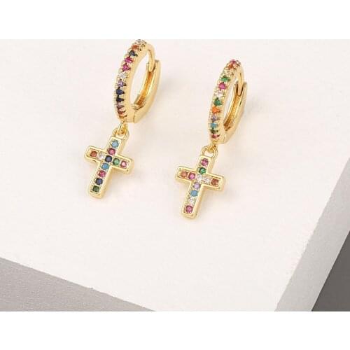 Charm Female Rainbow Zircon Hoop Earrings Yellow Gold Color Wedding Earrings Trendy Bride Cross Crystal Earrings For Women