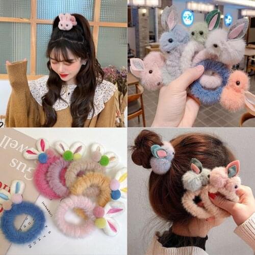 Korean Girls Solid Color Elastic Hairbands Winter Soft Plush Ponytail Holder Hair Rope Rabbit Ear Hair Circle Hair Accessories