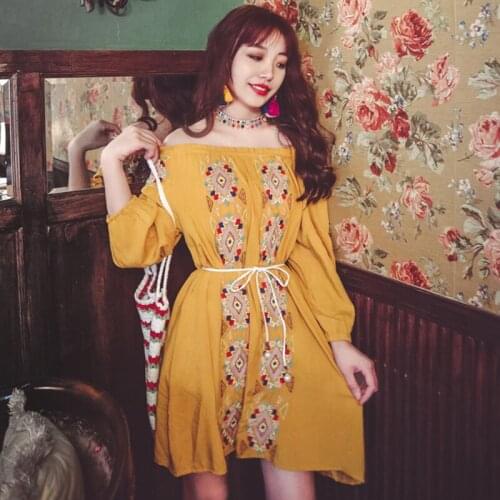 Autumn Women Dresses Bohemian Embroidered Slash Neck Full Lantern Sleeve Off-shoulders Loose Dress Female Vestidos Mini Dress