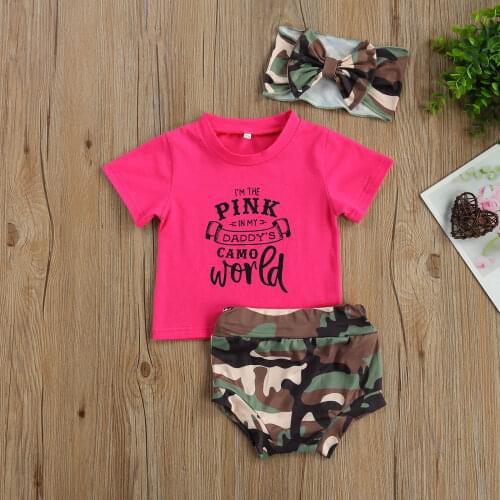 0-24M Cute Baby Girls Clothes Sets 3pcs Letter Printed Short Sleeve T Shirts Camouflage Shorts Headband