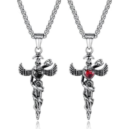 Exaggerated Punk Heart Cross Titanium Steel Necklace For Men Retro Angel Wing Snake Stainless Steel Pendant Boys Jewelry Gift