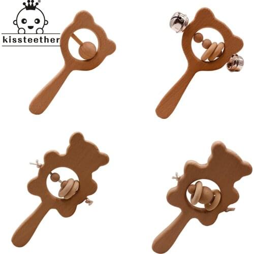 Kissteether Baby Teether Wooden Oblique Bear Rattles Natural Teething Grasping Toy Baby Shower Gift Toddler Teether Newborn Gift
