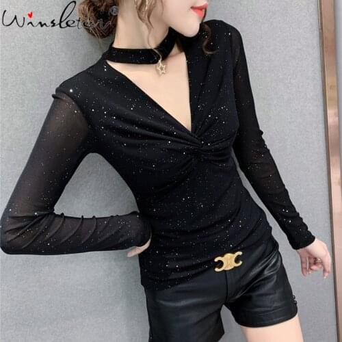 Spring Fall T-Shirt Korean Clothes Fashion Sexy Shiny Women V-Neck Drape Hollow Out Tops Bottoming Shirt All Match Tees T16114A