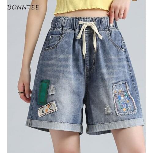 Blue Shorts Women Denim Bandage Cartoon Embroidery Empire New Fashion Summer Thin Elastic Waist Pockets Vintage Joggers College