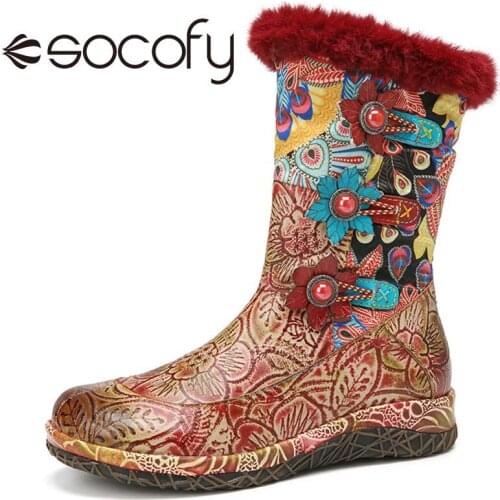 SOCOFY Women Warm Elegant Style Boots Colorful Cloth Beaded Leather Flat Boots Shoes Casual Outdoor Shoes botas de mujer 2020
