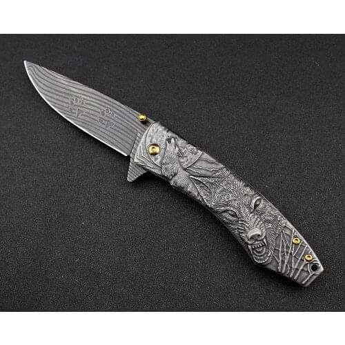 Tactical Folding Blade Utility Knife - Stonewash 3d Wolf Engraved Collection Knife