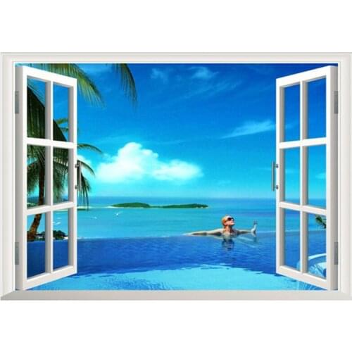 Go to seaside swimming fake window vinyl stickers sea view 3d wall art mural home decoration scenery poster wallpaper 70*50cm