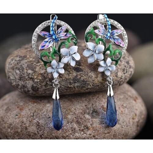 Vintage Jewelry New Arrival silver plated Dragonfly with Zircon Enamel Epoxy Flower Drop Earrings for Women