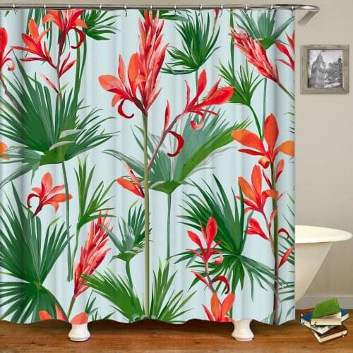 Cartoons Patterns Green Plant Red Flowers Shower Curtain 3D Print Bathroom Waterproof Polyester Leaves 3D Printing Curtains