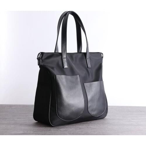 Women or Men Handbag Waterproof Nylon with Top Hide Genuine Calf Leather Versatile Shopper Tote Bag Shoulder Crossbody Purse