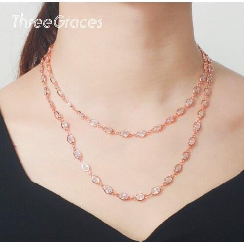 ThreeGraces 2020 Summer New Rose Gold Color Layered Chain Link Oval Cubic Zircon Choker Long Necklace Ladies Jewelry PN107