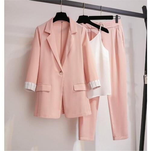 Spring and autumn womens pink suit jacket womens casual suit + pants womens jacket elegant office womens suit large m-4xl