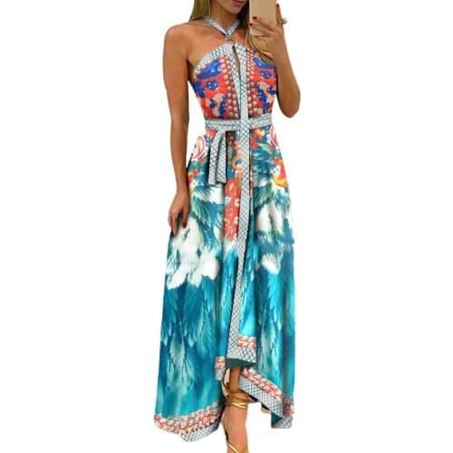 New Summer Women Dress Sexy Backless Elegant Floral Print Off Shoulder Vintage Halter O Neck Maxi Dresses Evening Party