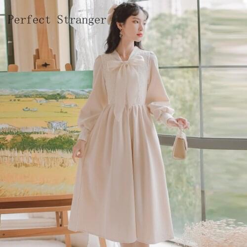 2021 Autumn New Arrival High Quality Retro Long Sleeve Bow Collar Solid Color Collect Waist Women Long Dress