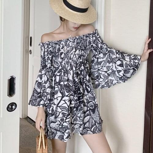 Fashion Autumn Sexy Off-Shoulder Mini Party Dress Ladies Elegant Casual Vintage Flare Sleeve Print Beach Vacation Short Dress