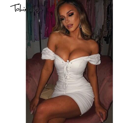 Tobinoone Elegant lace up women dress elastic puff sleeve ruffles white dress Female sexy party lady bodycon dress vestidos