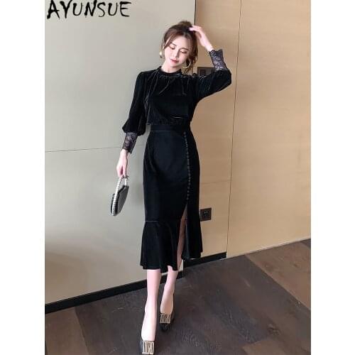 AYUNSUE Fashion Velvet Dress Female High Waist Autumn Winter Dress 2021 Long Black Vintage Dresses for Women Vestido De Mujer