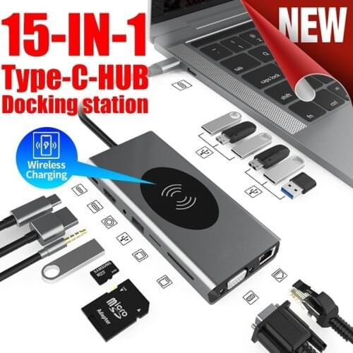 15 in 1 USB Type C HUB With HD RJ45 VGA Wireless Charge SD TF Card Reader 13 in 1 USB-C Hub Type-C Splitter For Macbook Pro