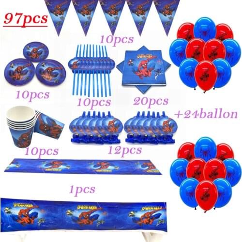 97pcs Boys Spiderman Birthday Party Supplies Paper Plate Cup Napkin Tablecloth Tableware Set Baby Shower Party Decorate Balloons