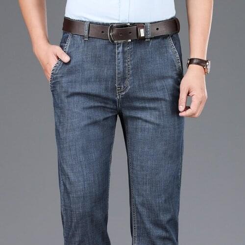 Tencel jeans mens loose straight business mens 2021 spring and summer new high-waist stretch mens jeans