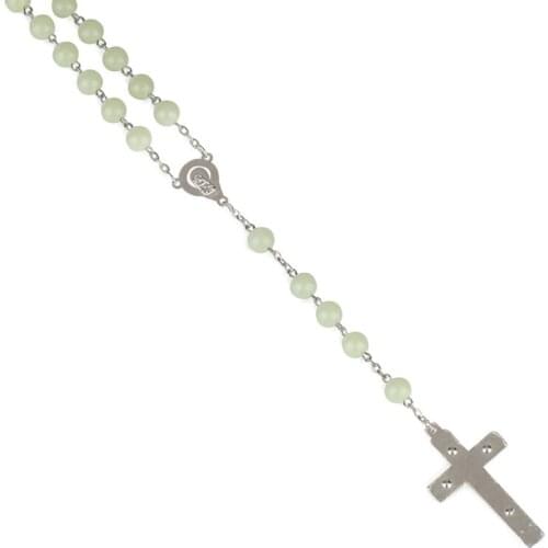 Glow in the Dark Rosary Necklace Jesus Christ Cross Pendant Noctilucent Chain