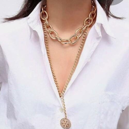 HaHaGirl Punk Gold Layered Chain Round Pendant Choker Necklace For Women Fashion Statement Chunky Chain Collar Necklaces Jewelry