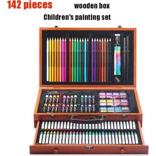 Student drawing stationery 142 pieces wooden box Childrens painting set Oil pastel crayons Pencil set Art supplies