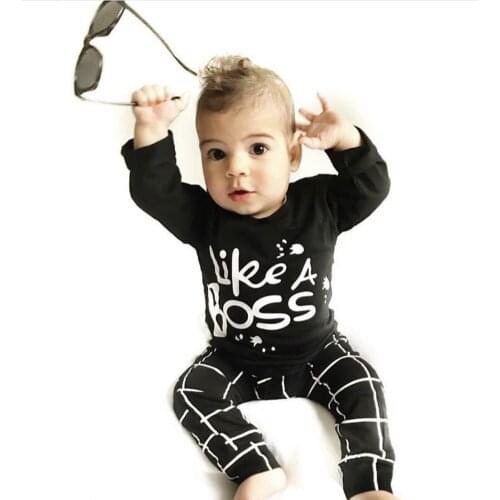 0-24Months Baby Boys Toddler Clothing Sets Long Sleeve Like a boss Letter Top and Plaid Pants Casual Fall Outfits Infant Suits