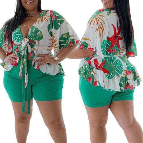 Summer Plus Size Womens Two-Piece Casual Bohemian Style Two-Piece Womens Spring V-Neck Butterfly Sleeve Lace Blouse