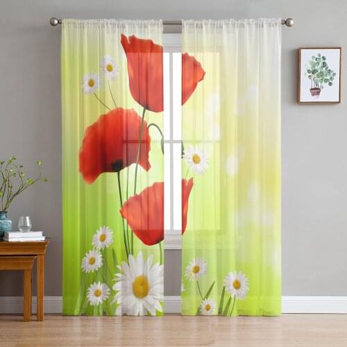Poppy Flower Daisy Sheer Curtains for Living Room Bedroom Kitchen Tulle for Windows Voile Drapes Home Decoration
