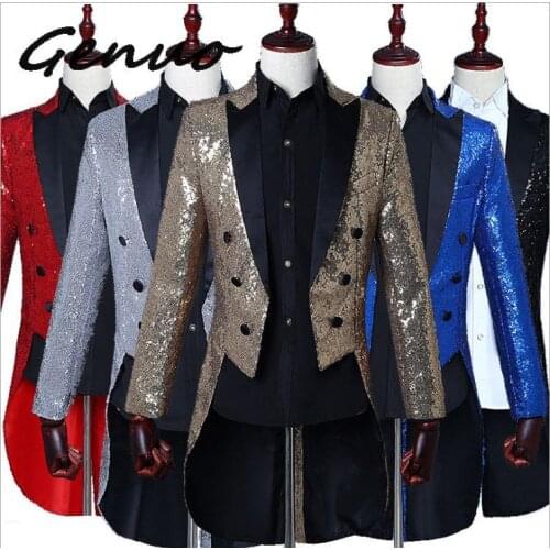 Genuo 2020 Men Gold Silver Red Blue Black Sequin Slim Fit Tailcoat Stage Singer Prom Dresses Costume Wedding Groom Suit Jacket