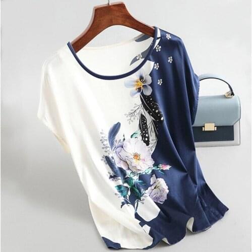 2021 New Summer Women Silk Satin Blouses New Batwing Sleeve Vintage Print Floral Blouse Ladies Casual Short Sleeve Tops
