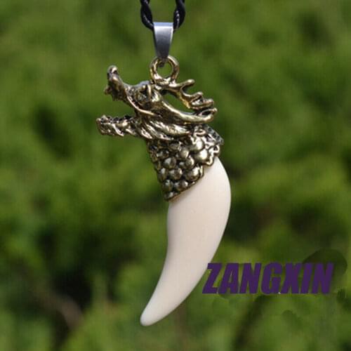 Tibetan Alloy Dragon Head Resin Fang Pendant Amulet Necklace