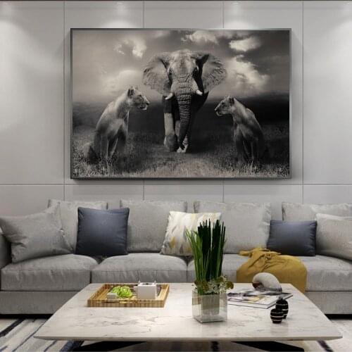 African Wild Lions and Elephant Canvas Art Posters and Prints Black And White Animals Art Paintings on the Wall Art Pictures