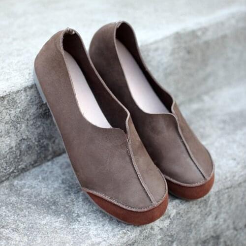 Whensinger - Women Flat Shoes loafers Genuine Leather Splice Casual Flats Shoe Vintage Elegant Fashion brown