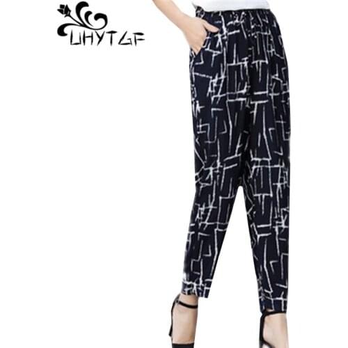 UHYTGF Woman pants fashion printing casual thin plus size sweatpants cotton silk straight loose comfortable summer trousers 1654