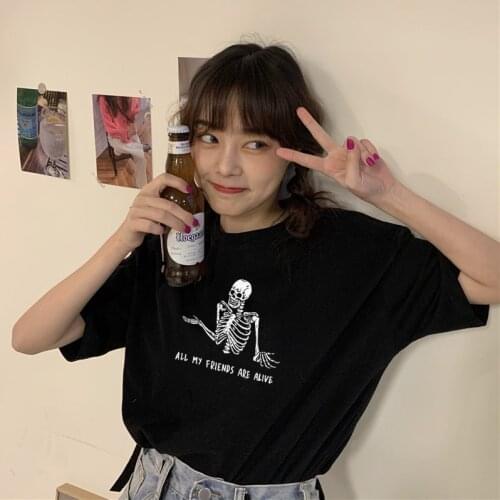 ALL MY FRIENDS ARE ALIVE skull print punk Gothic fashion casual cute women Tops Harajuku O-neck vintage streetwear women T-shirt
