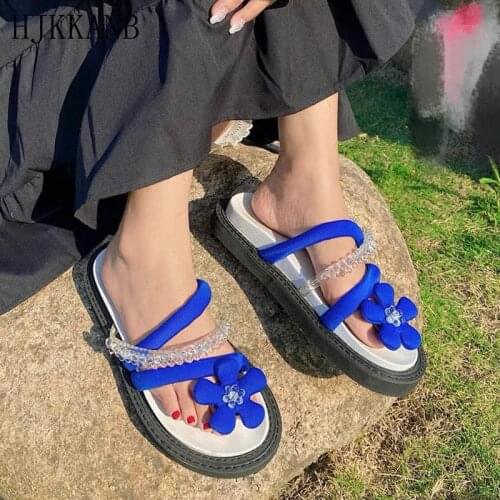 Flower Sandals Women Summer 2021 New All-match Thick Sole Crystal Chain Flip Flops Outside Vacation Beach Sandals Slippers Lady