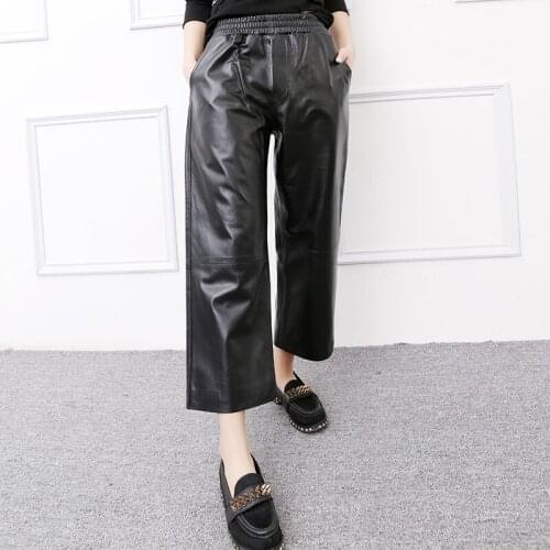 Europe style womes spring autumn genuine leather wide-leg pant hot fahion high quality real leather sheepskin ninth pant A589