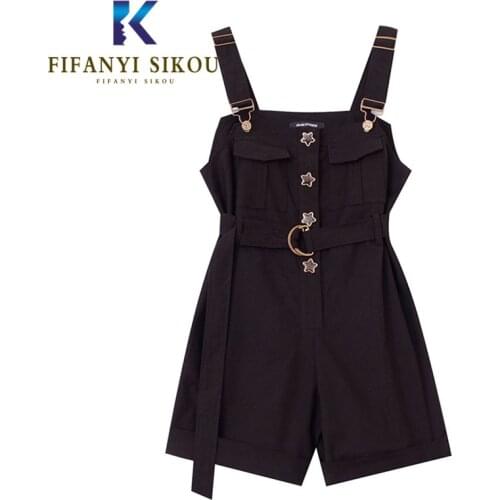 Black Jumpsuits Women Suspenders Jeans Shorts Button Pocket Loose Sleeveless Rompers With Belt Lady 2020 Summer Overalls Shorts
