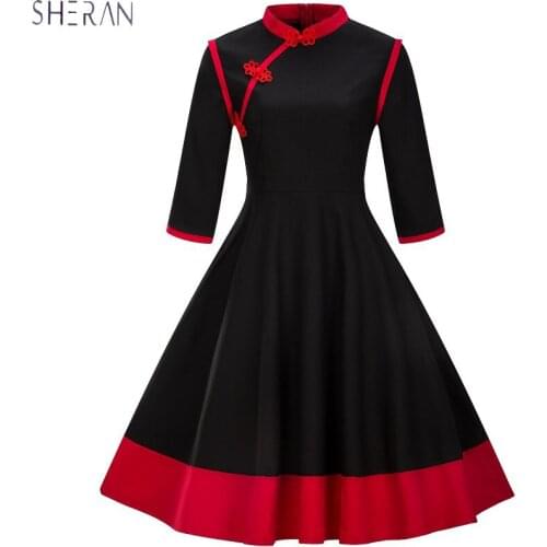 SHERAN 2018 Spring New Big Swing Dress Vintage Seven Points Sleeve Button Collar Dress Elegant Casual Tunic Wear Tunique Femme