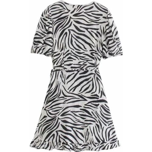New Women Vintage Zebra Striped printed Dress Vogue V-Neck Short Puff Sleeves Wrap Style Casual Short Dresses Woman Robe