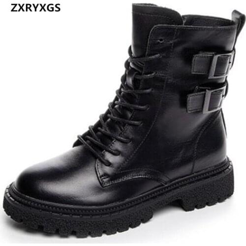 ZXRYXGS 2021 New Autumn Genuine Leather Boots Womens Boots Black Side Zipper Temperament Martin Boots Motorcycle Single Boots