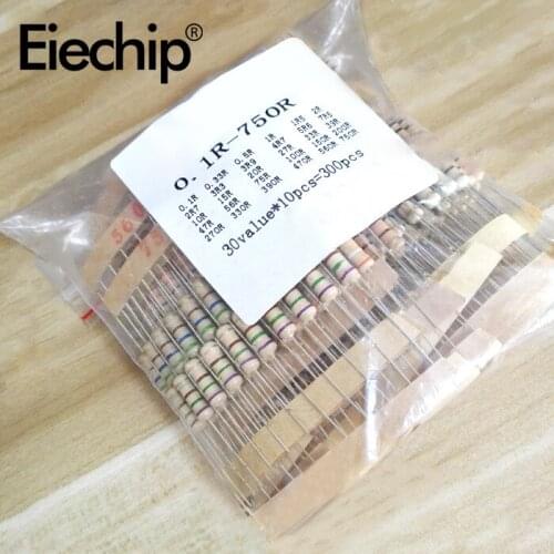 300pcs/lot 30 value*10pcs 1W Resistor Assorted set, 0.1~750 ohm and 1K ~ 820K Carbon film set of resistors 1K 10K 100K 200K ohm