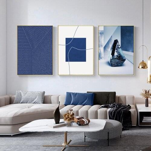 Abstract Blue Diamond Scenery Graffiti Geometric Pattern White Line Canvas Painting Wall Picture Poster Living Room Home Decor